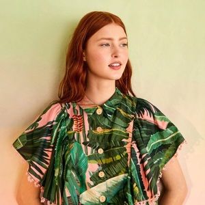 FARM RIO AMAZONIA 100% cotton shirt. Pink green palm. Flutter sleeves medium